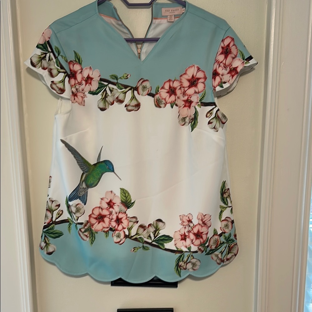 Ted Baker White and Blue Boxy Blouse with Mandarin Collar